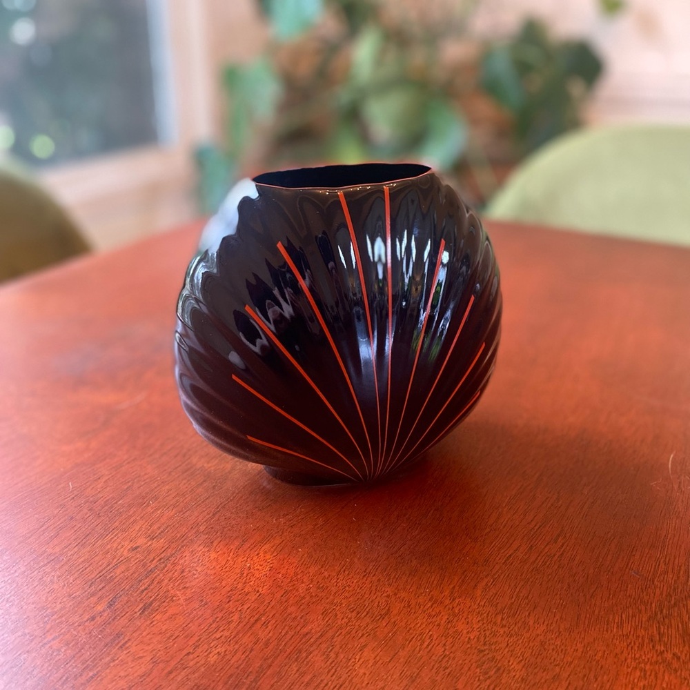 Vintage Seizan Black Ceramic Vase with Red Trim Art Deco Fan Vase